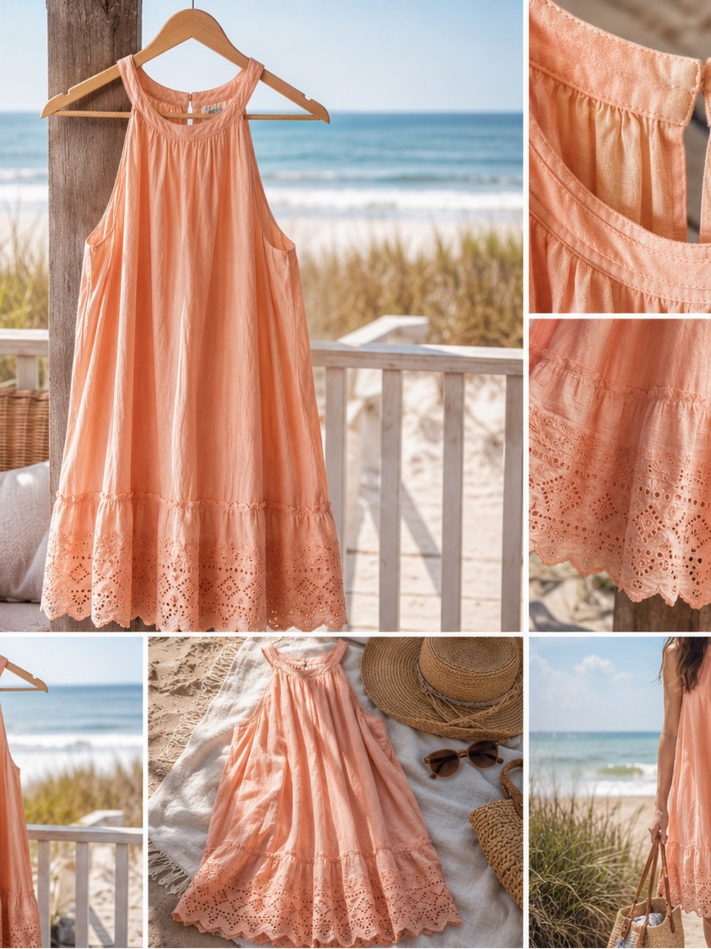 Peach/Pink  Eyelet Hem Sleeveless Sundress